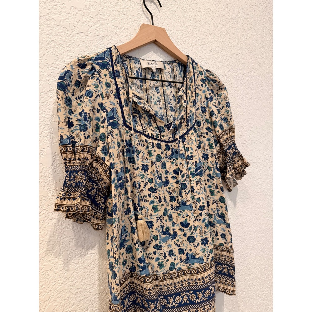 Sea New York Doe Print Blue Floral Silk Puff Sleeve Tassel Blouse Top Size 4 - Picture 3 of 11